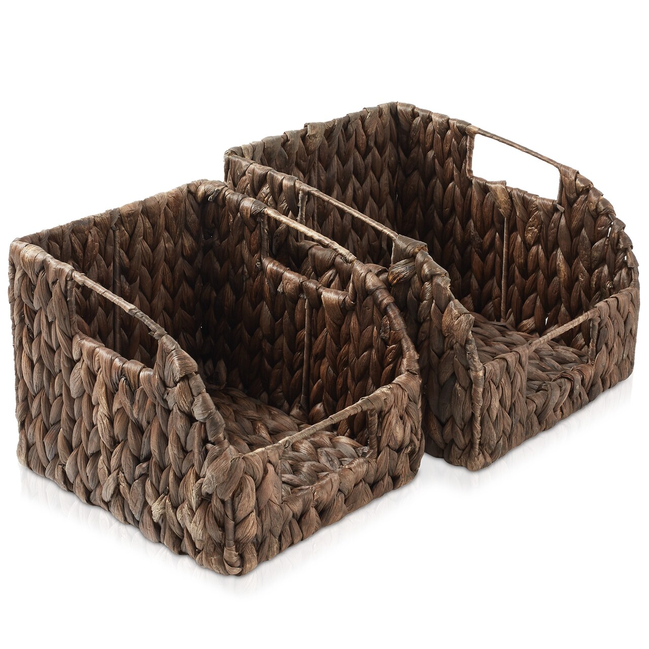 Casafield Set of 2 Water Hyacinth Pantry Baskets with Handles, Woven Storage Bin Organizers for Kitchen Shelves, Medium and Large Sizes